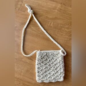 Vintage Square Beaded Woven Crossbody Bag, Cream